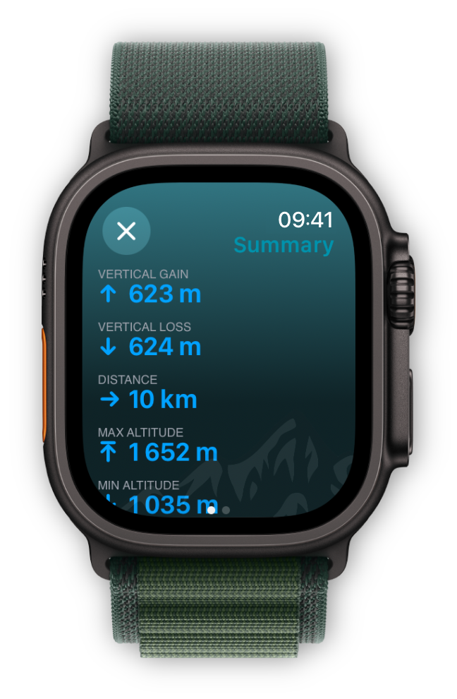 Summary page on Apple Watch. Shows a quick summary of the alpine tour.